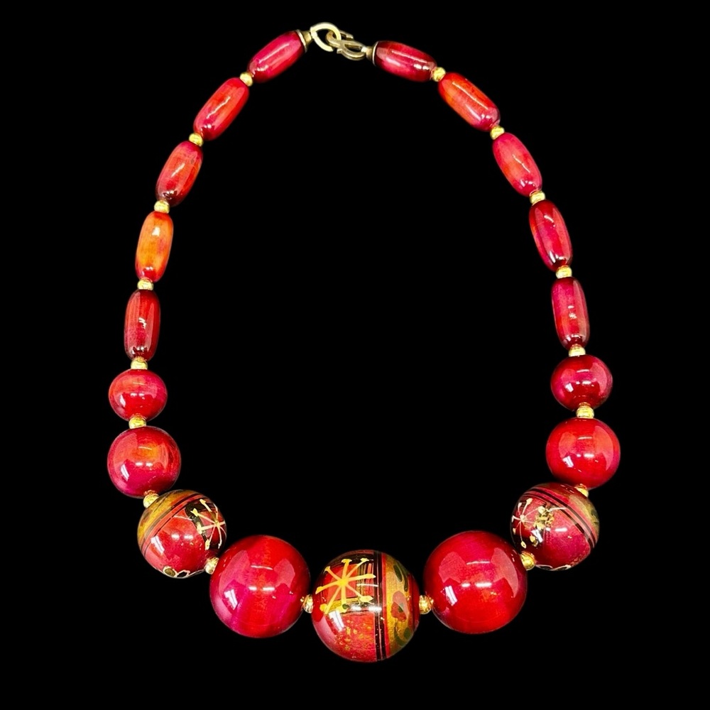 VTG Red Lacquer Wood Bead Necklace Hand-Painted Floral Mid-Century Folk Art 21"L
